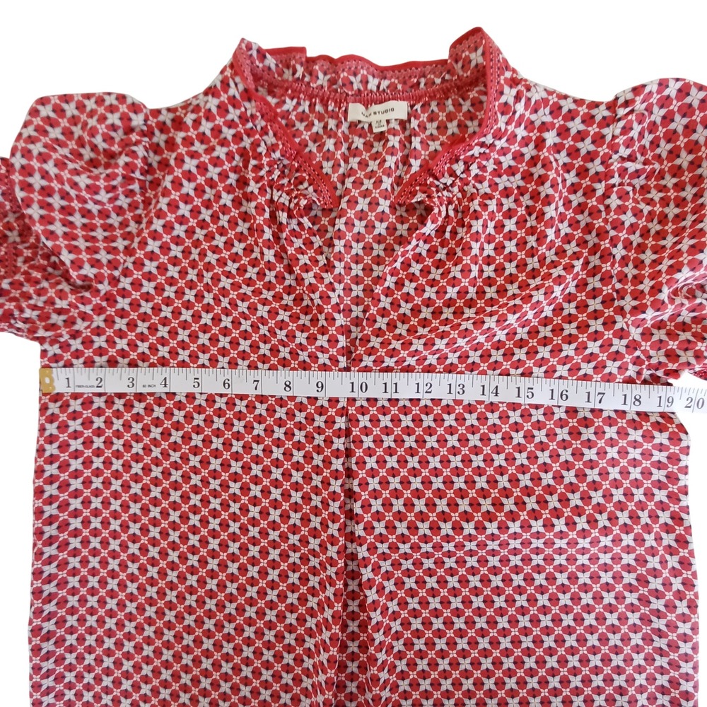 Max Studio Womens Red Geometric Floral Smocked V-Neck Flutter Sleeve Blouse M - Picture 3 of 13